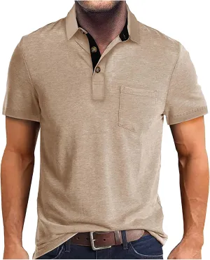 Men's Polo Shirts Casual Golf Short Sleeve Henley Shirts Button Down Solid Color Tees Classic Fit Tops with Pocket