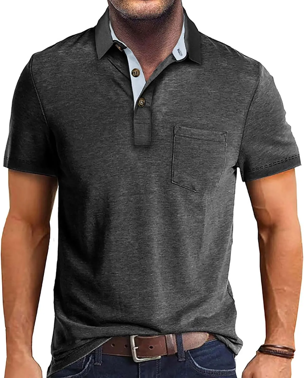 Men's Polo Shirts Casual Golf Short Sleeve Henley Shirts Button Down Solid Color Tees Classic Fit Tops with Pocket