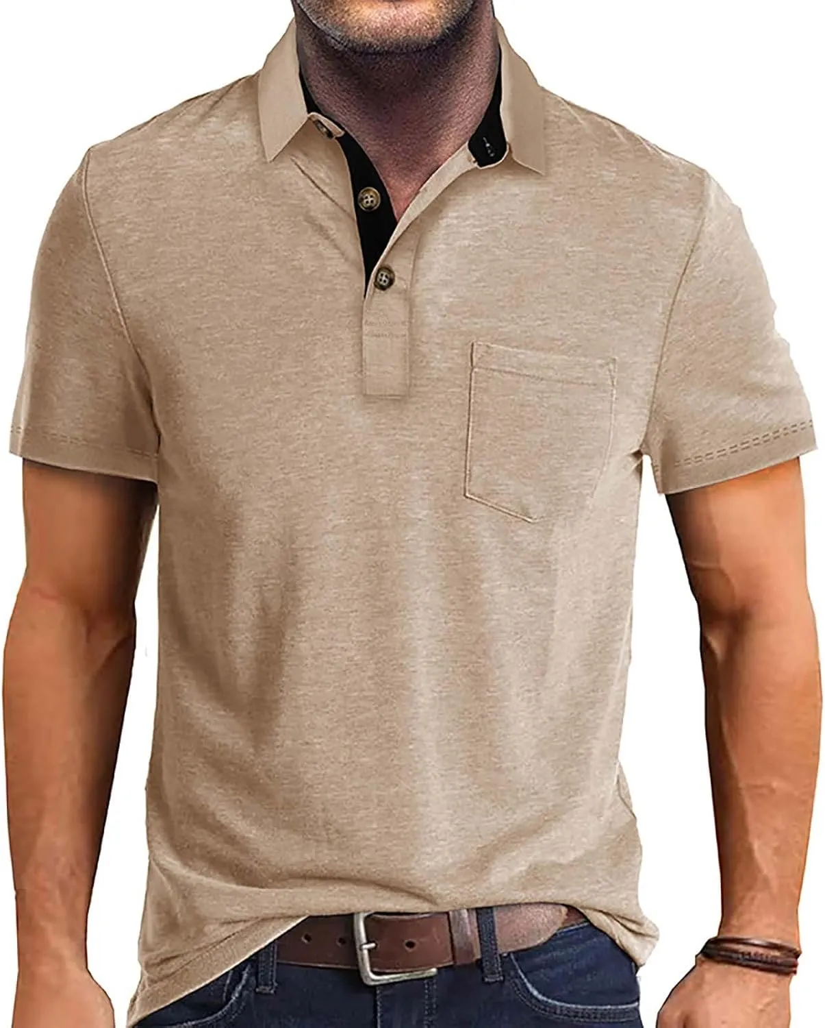 Men's Polo Shirts Casual Golf Short Sleeve Henley Shirts Button Down Solid Color Tees Classic Fit Tops with Pocket