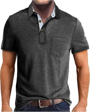 Men's Polo Shirts Casual Golf Short Sleeve Henley Shirts Button Down Solid Color Tees Classic Fit Tops with Pocket