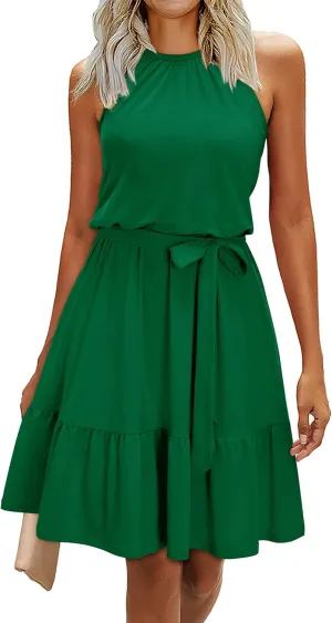 Newshows Womens 2025 Summer Dress Halter Wedding Guest Casual Beach Vacation Outfits Belted Sundresses with Pockets