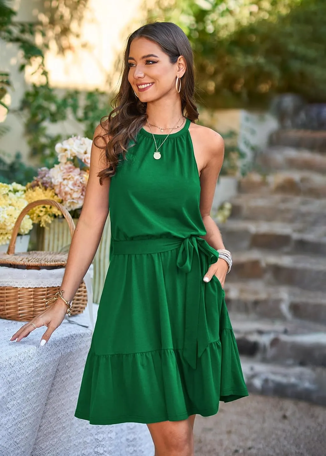Newshows Womens 2025 Summer Dress Halter Wedding Guest Casual Beach Vacation Outfits Belted Sundresses with Pockets