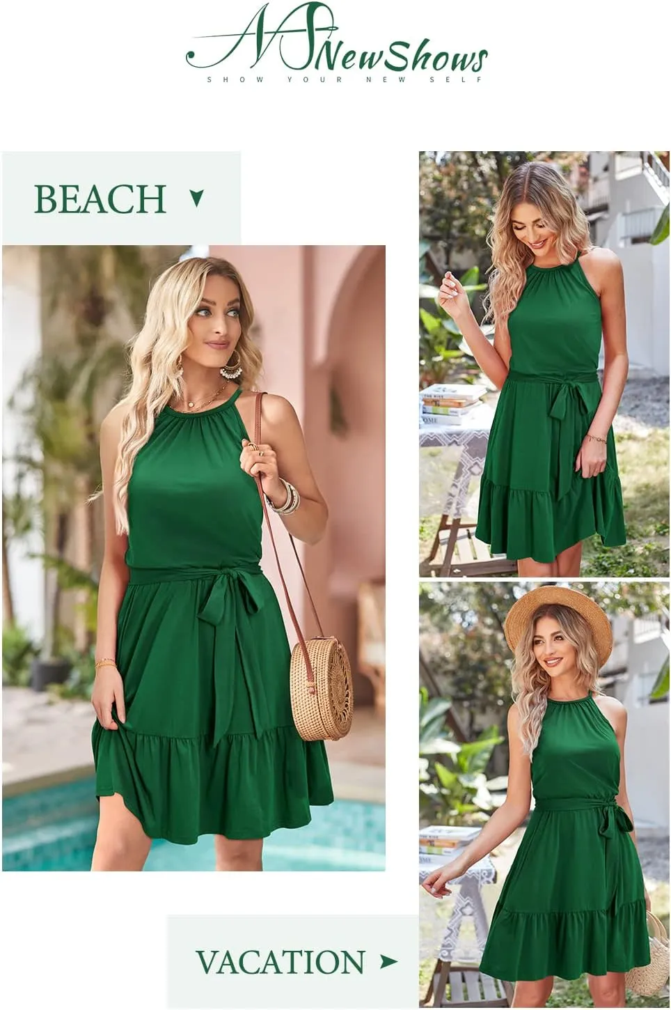 Newshows Womens 2025 Summer Dress Halter Wedding Guest Casual Beach Vacation Outfits Belted Sundresses with Pockets
