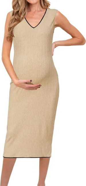OUGES Womens 2025 Summer V Neck Maternity Dress Sleeveless Casual Bodycon Cable Knit Midi Dress Pregnancy Clothes Trendy