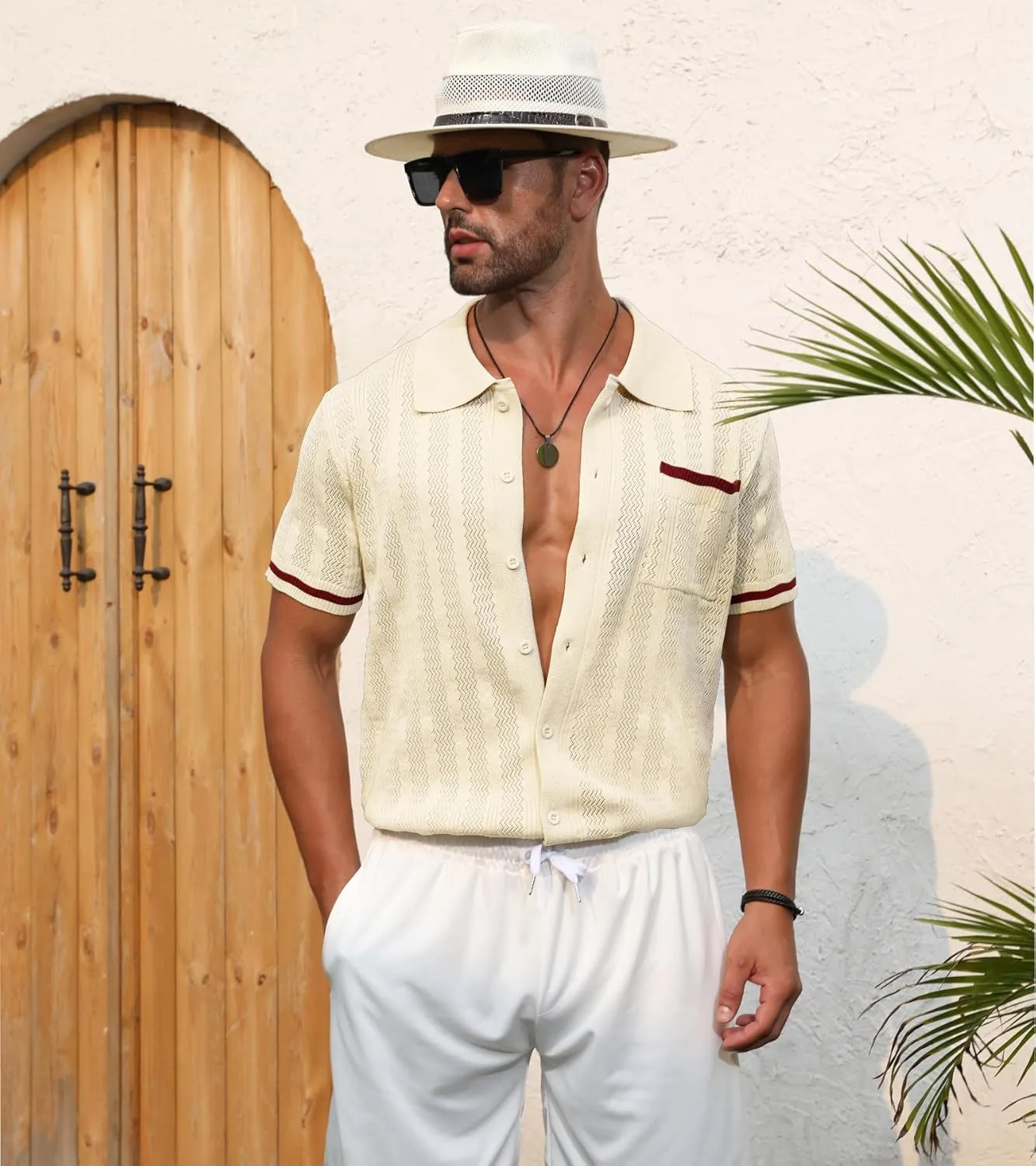 PEGENO Men's Short Sleeve Knit Shirts Button Down Shirt Vintage Casual Polo Shirt Tops