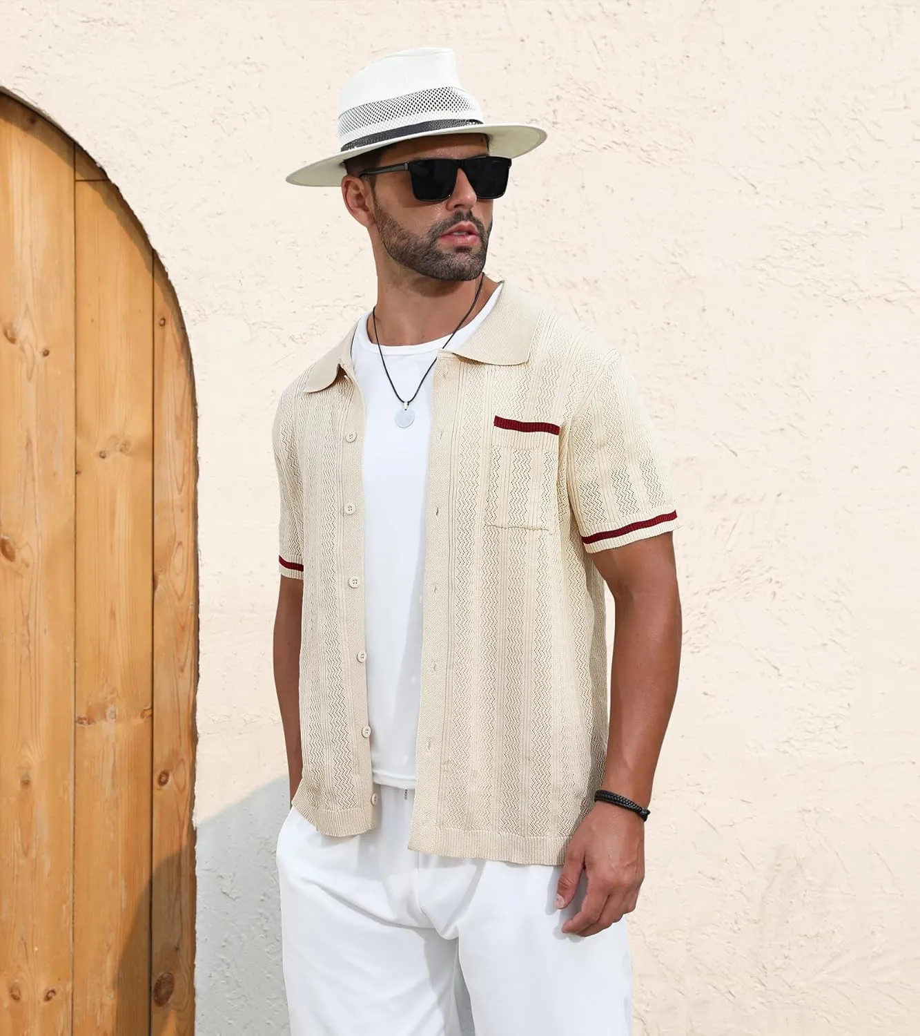 PEGENO Men's Short Sleeve Knit Shirts Button Down Shirt Vintage Casual Polo Shirt Tops