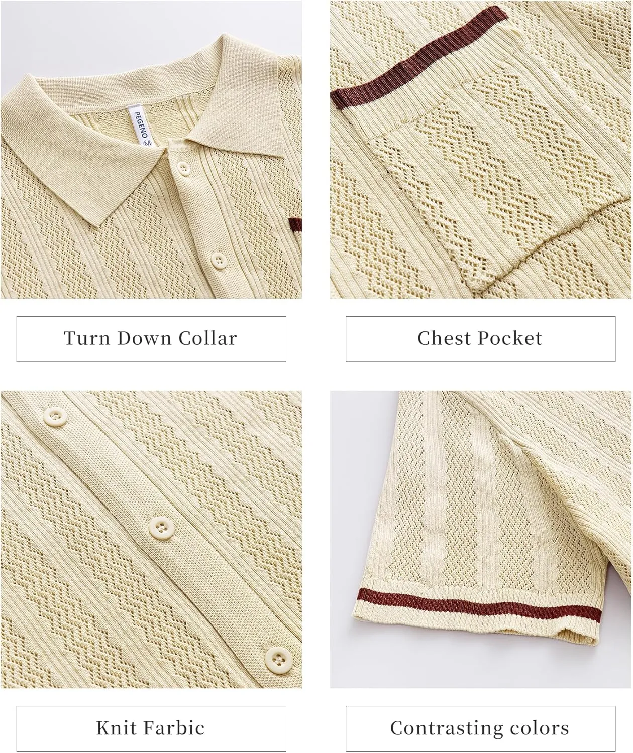PEGENO Men's Short Sleeve Knit Shirts Button Down Shirt Vintage Casual Polo Shirt Tops