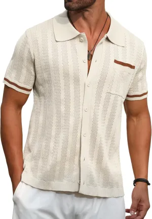 PEGENO Men's Short Sleeve Knit Shirts Button Down Shirt Vintage Casual Polo Shirt Tops