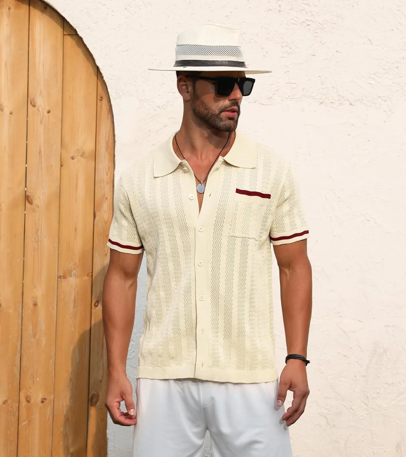 PEGENO Men's Short Sleeve Knit Shirts Button Down Shirt Vintage Casual Polo Shirt Tops