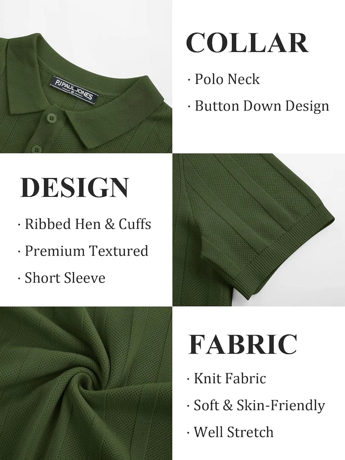 PJ PAUL JONES Mens Polo Shirts Short Sleeve Textured Knit Polo Shirt Ribbed Casual Golf Shirts