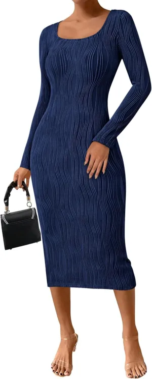 PRETTYGARDEN Womens Spring Dresses 2025 Long Sleeve Square Neck Knit Midi Beach Vacation Clothes Slit Bodycon Dress