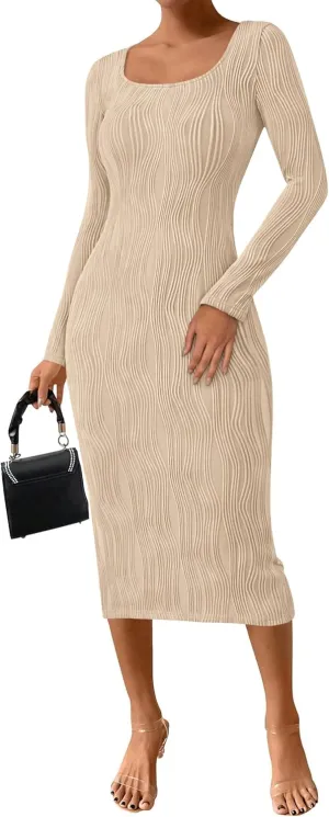PRETTYGARDEN Womens Spring Dresses 2025 Long Sleeve Square Neck Knit Midi Beach Vacation Clothes Slit Bodycon Dress