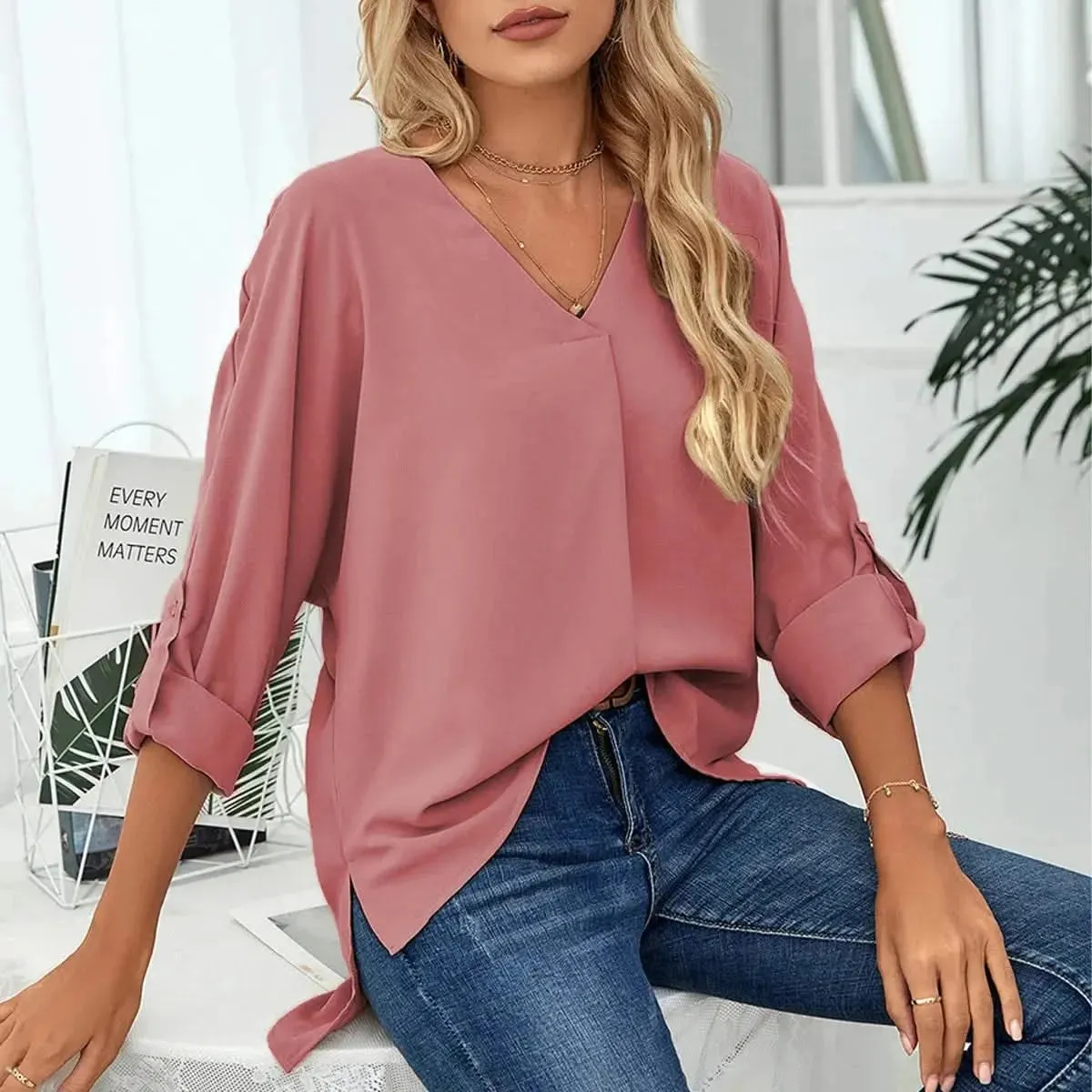 Solid Casual Loose Blouses For Women