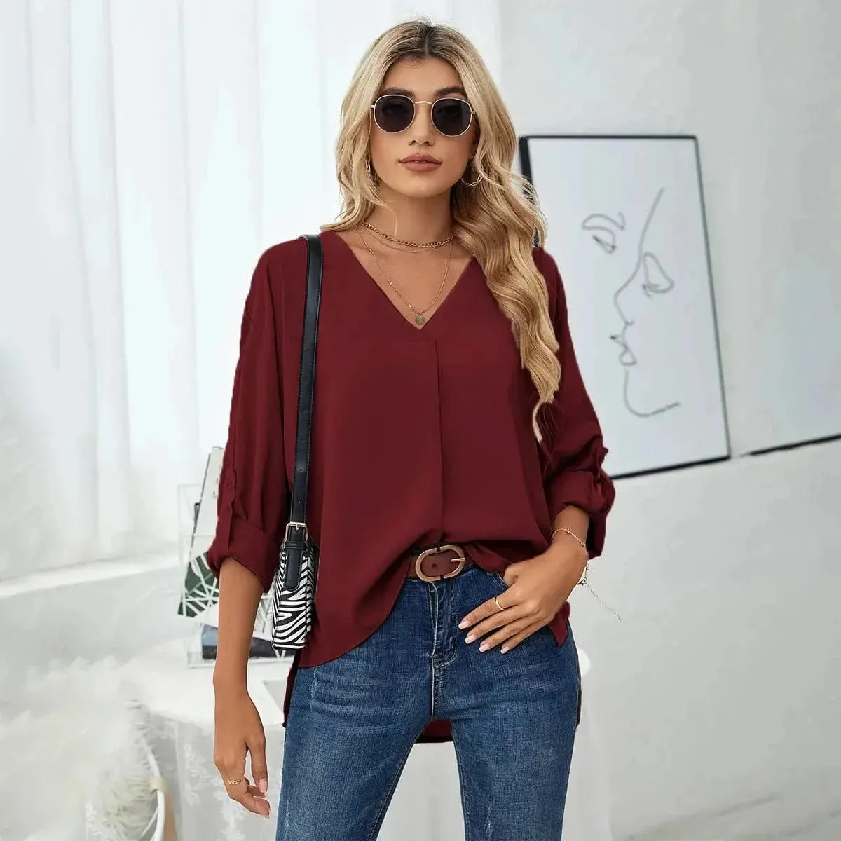 Solid Casual Loose Blouses For Women