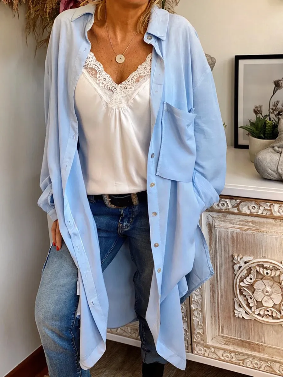 Solid Color Long Shirt Cardigan Blouses