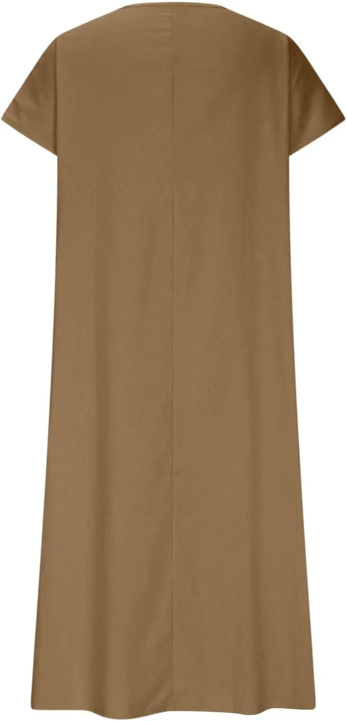 Summer Linen Dresses for Women 2025 Casual Maxi Dress Lightweight Short Sleeve Dress Sexy V Neck Beach Dresses