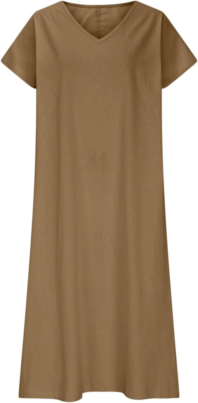 Summer Linen Dresses for Women 2025 Casual Maxi Dress Lightweight Short Sleeve Dress Sexy V Neck Beach Dresses