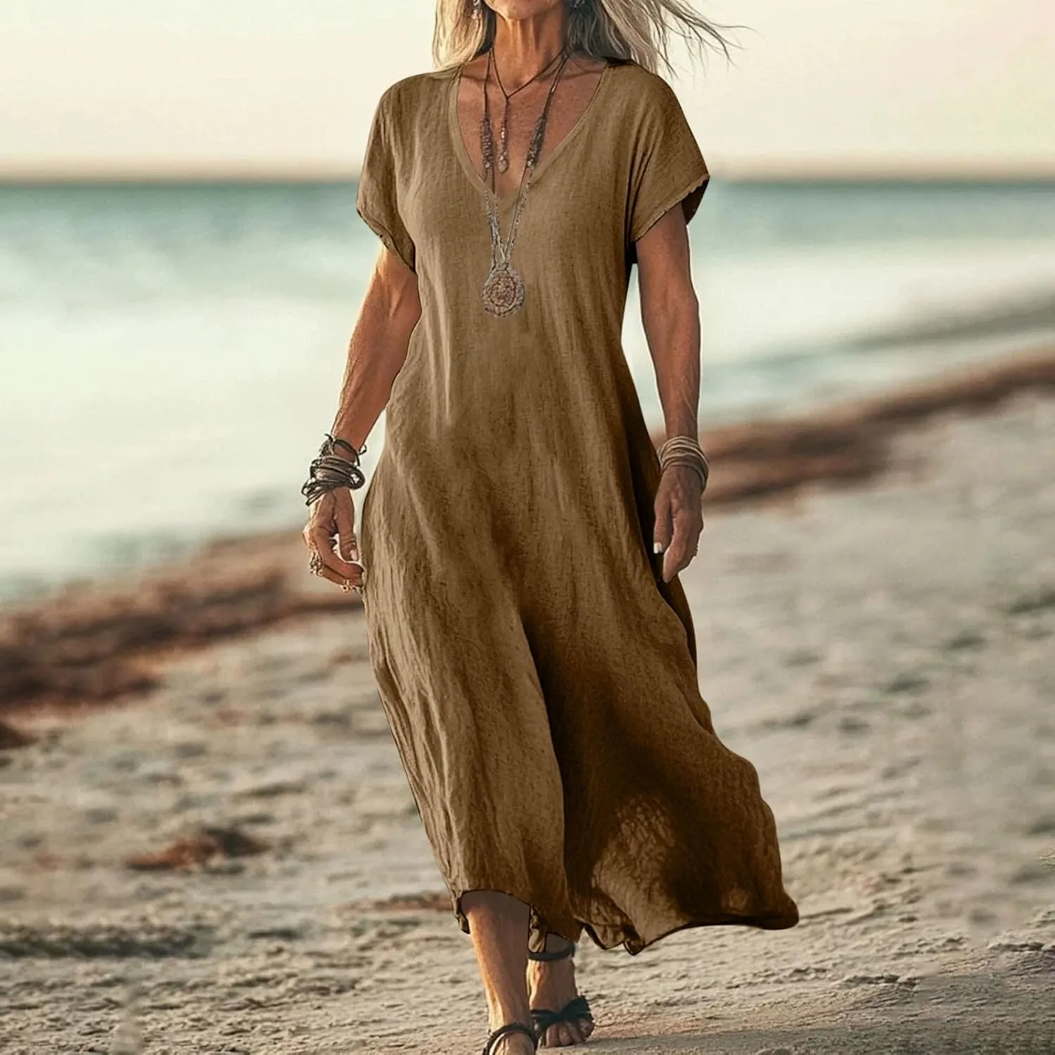 Summer Linen Dresses for Women 2025 Casual Maxi Dress Lightweight Short Sleeve Dress Sexy V Neck Beach Dresses