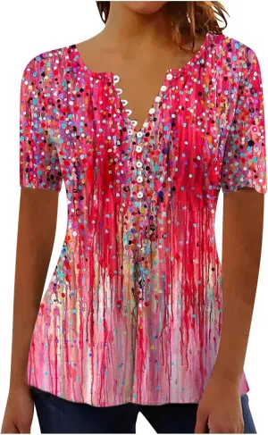 Summer Tops for Women 2025 Trendy Boho Floral Print Tunic Shirts Short Sleeve Button v Neck Tshirt Casual Loose Blouse