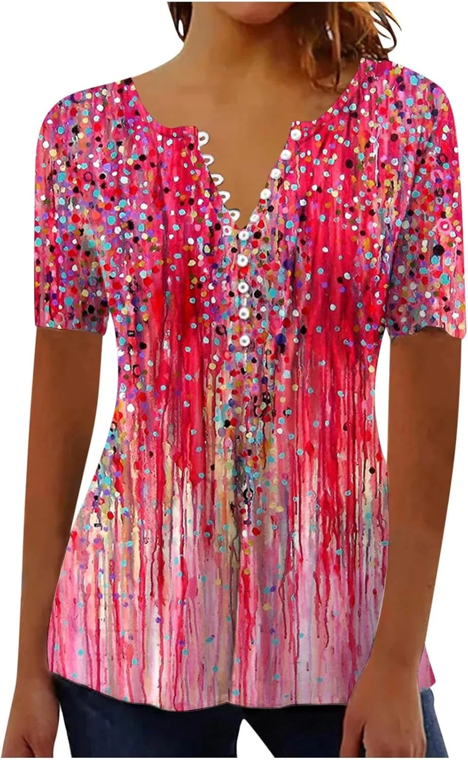 Summer Tops for Women 2025 Trendy Boho Floral Print Tunic Shirts Short Sleeve Button v Neck Tshirt Casual Loose Blouse
