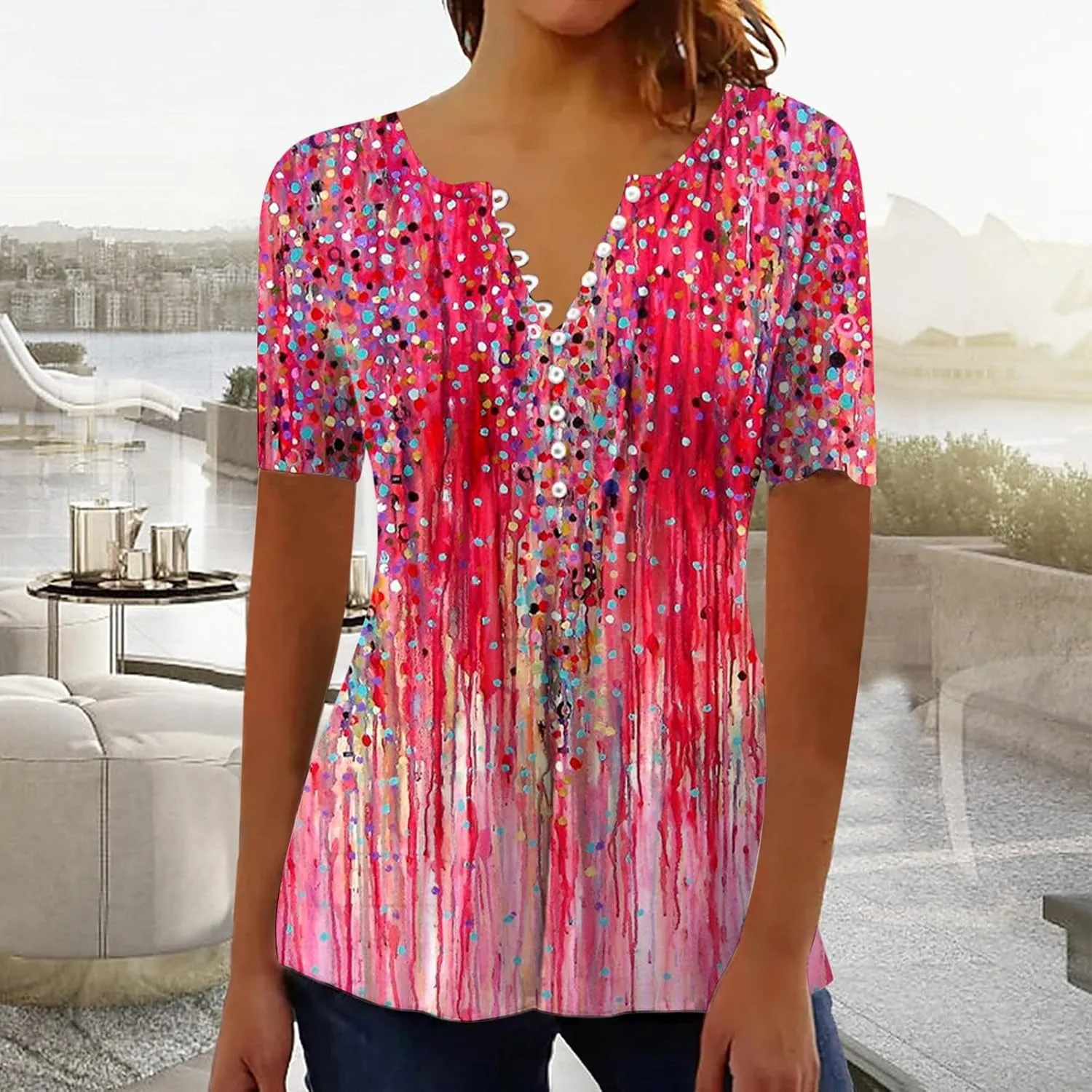 Summer Tops for Women 2025 Trendy Boho Floral Print Tunic Shirts Short Sleeve Button v Neck Tshirt Casual Loose Blouse