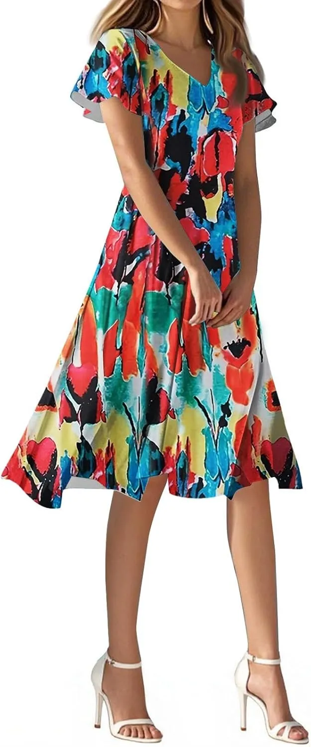 Summer Wedding Dresses for Women 2025 Casual Flowy Elegant Dress Ruffle Short Sleeve Floral Dresses Midi Chiffon Dress