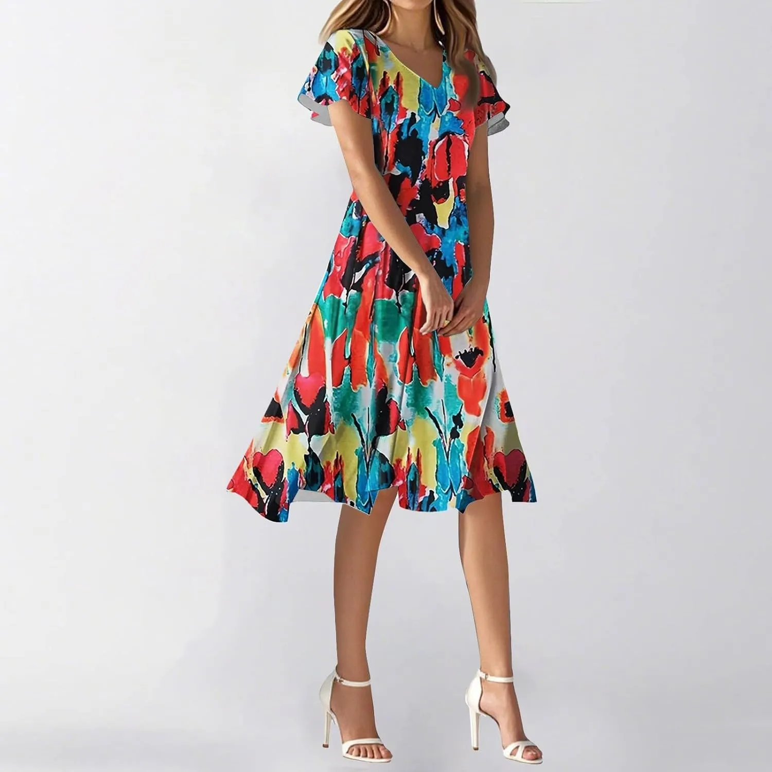 Summer Wedding Dresses for Women 2025 Casual Flowy Elegant Dress Ruffle Short Sleeve Floral Dresses Midi Chiffon Dress