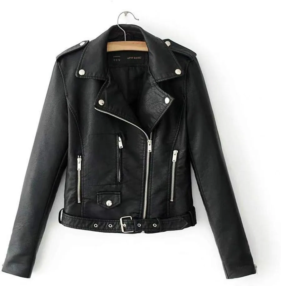 Trendy Faux Leather Moto Biker Jacket Classic Side Zipper PU Coats Outwear Plus Size
