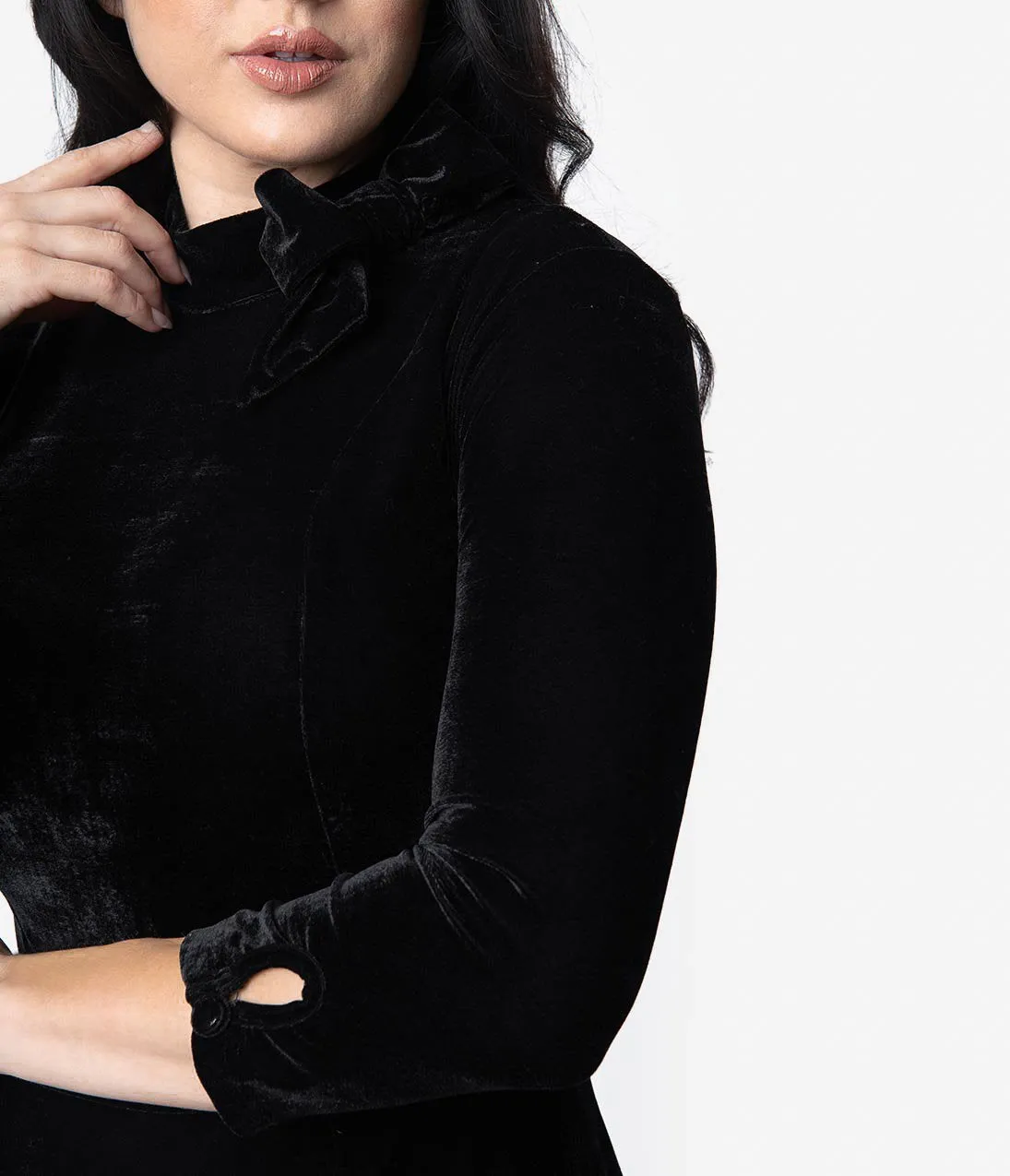 Unique Vintage Black Velvet Three-Quarter Sleeved Parker Flare Dress