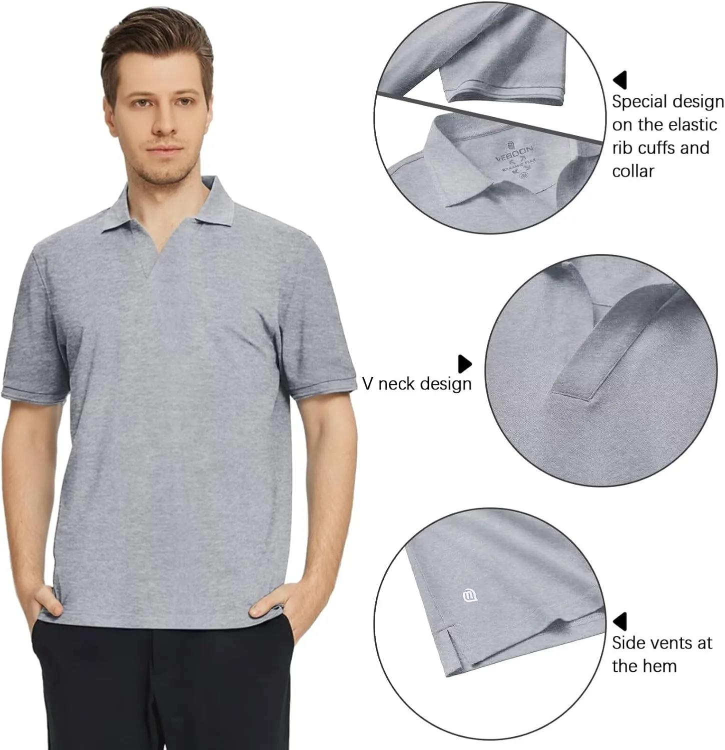 VEBOON Mens V Neck Polo Shirts Short Sleeve Lightweight Business Collared Shirts Performance Golf Polo Shirts for Men