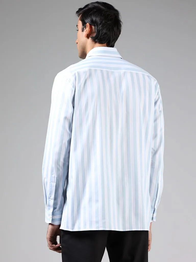 WES Formals Powder Blue & White Striped Cotton Relaxed-Fit Shirt