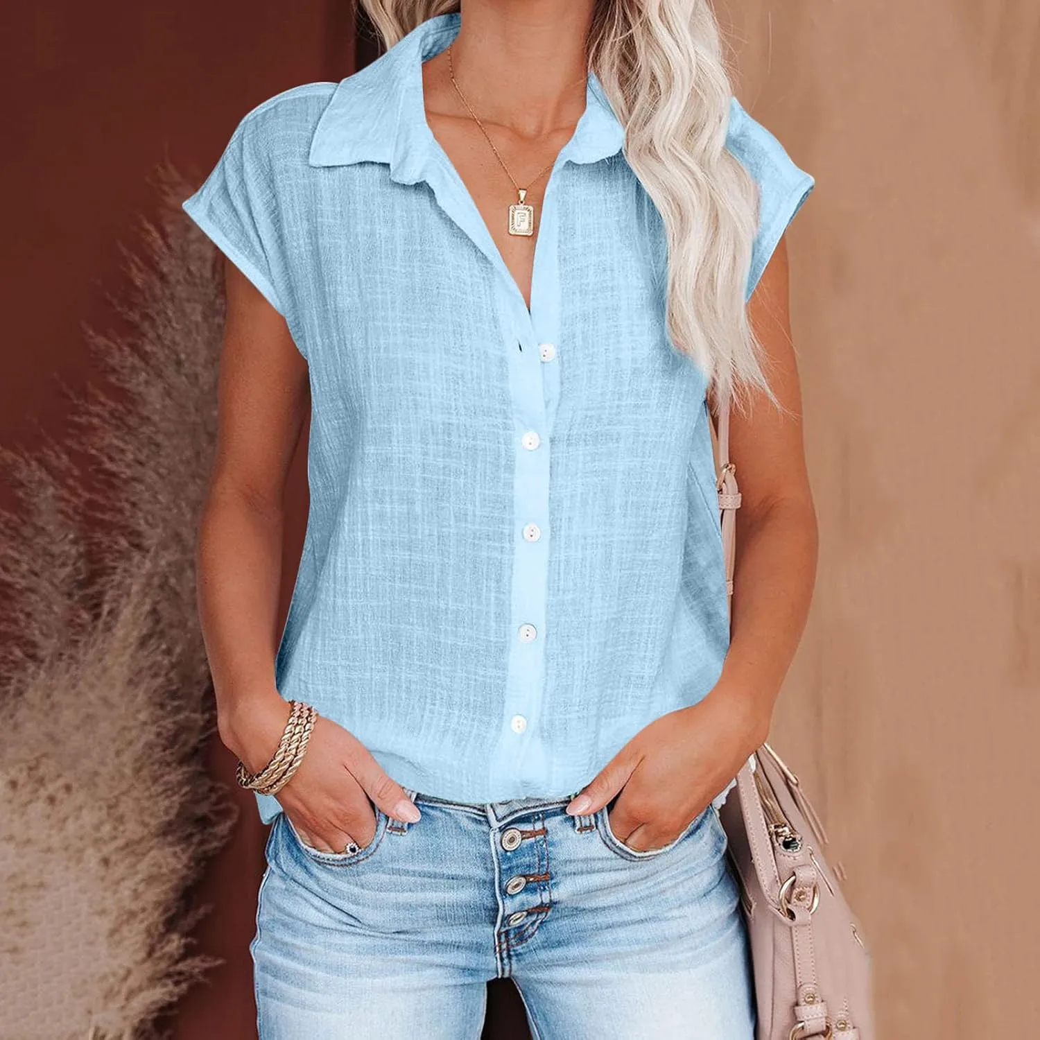 Women Cotton Linen Shirts 2025 V Neck Half Button Down Blouse Casual Cap Sleeve Tops Summer Work Vacation Clothes