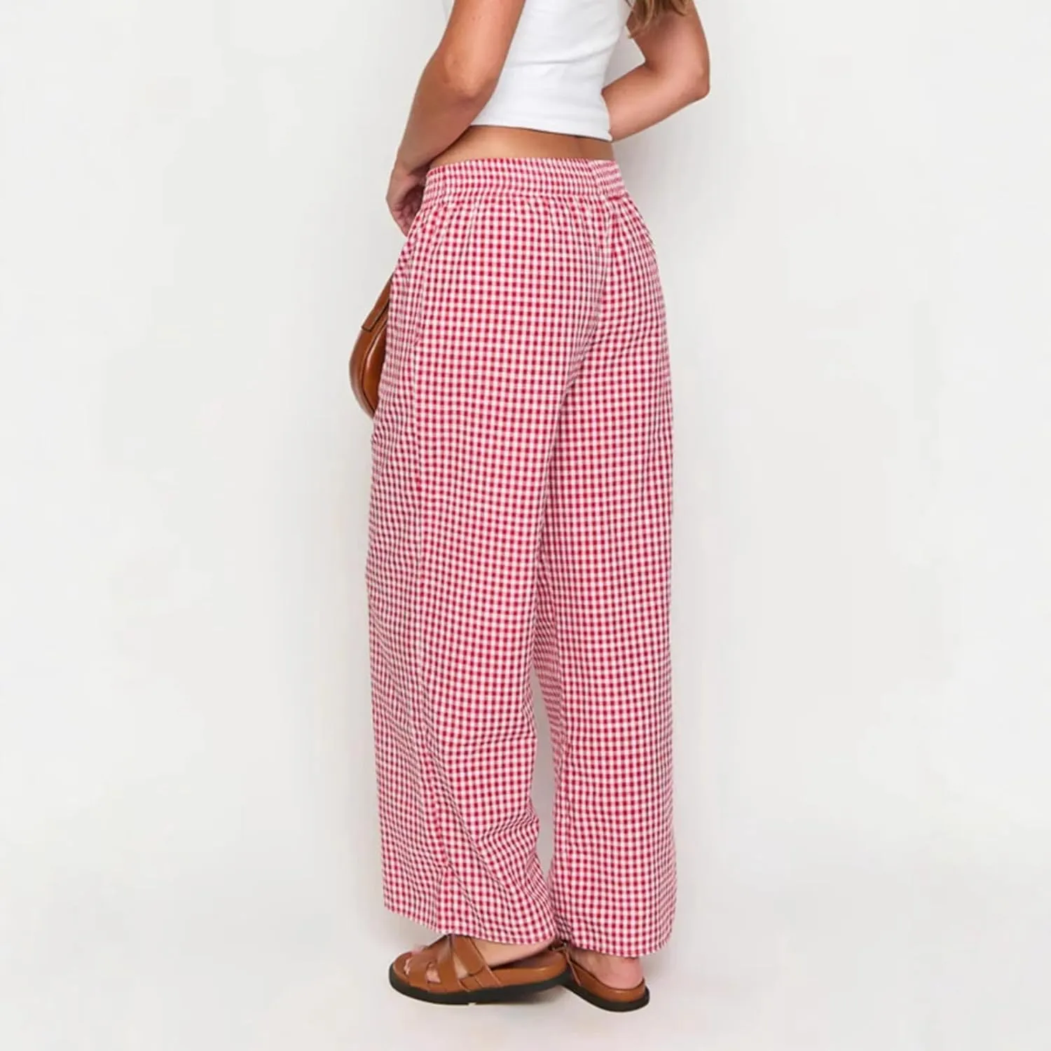 Women's Casual Striped Gingham Pants Summer Plaid High Waisted Trousers with Pockets Y2K Beach Wide Leg Pants