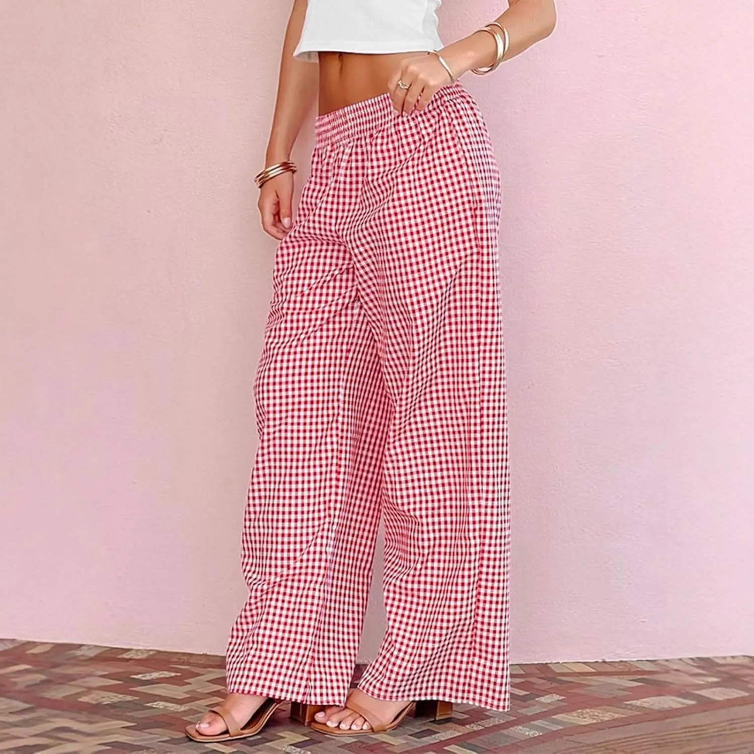 Women's Casual Striped Gingham Pants Summer Plaid High Waisted Trousers with Pockets Y2K Beach Wide Leg Pants