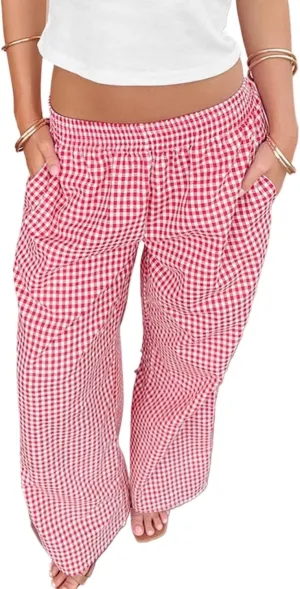 Women's Casual Striped Gingham Pants Summer Plaid High Waisted Trousers with Pockets Y2K Beach Wide Leg Pants