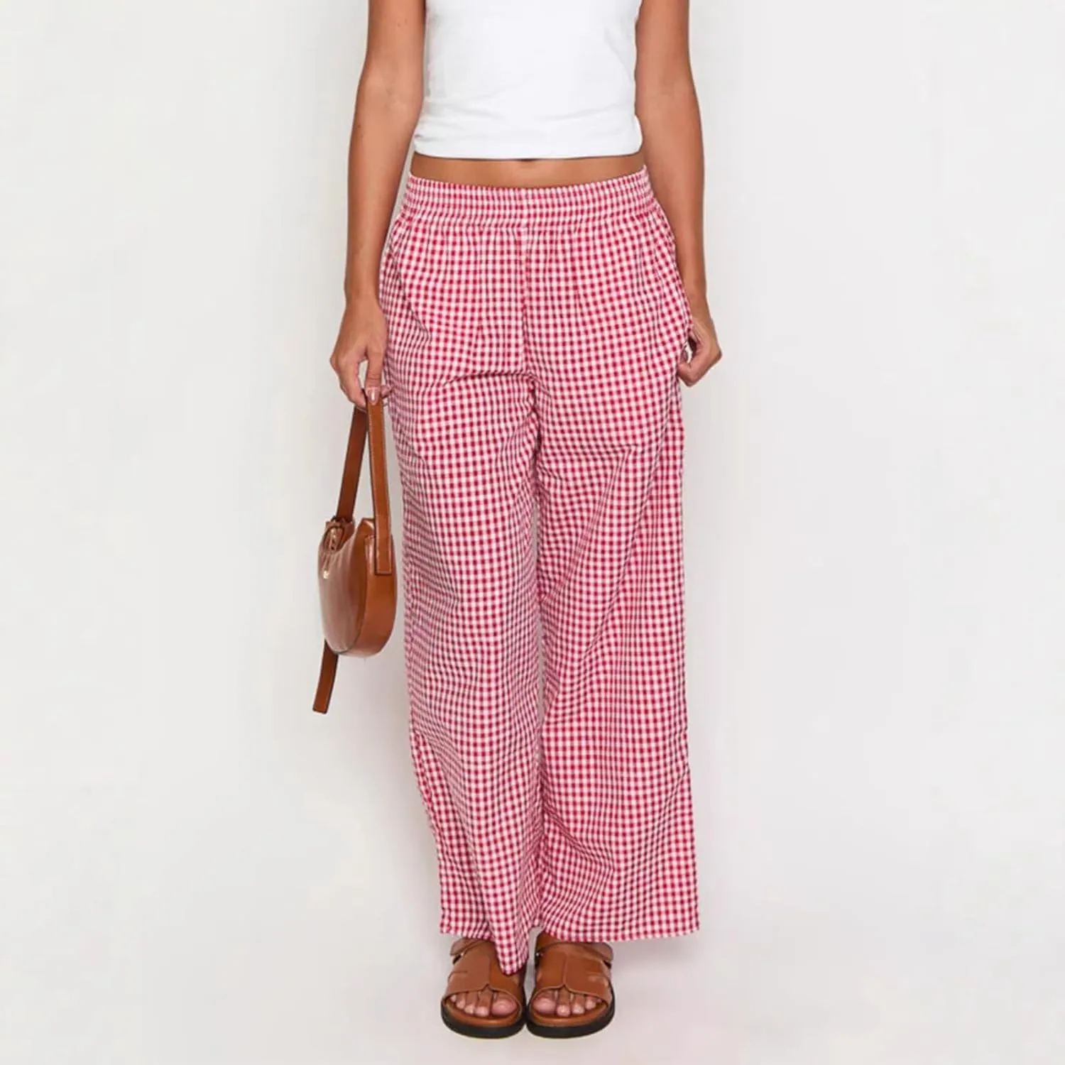 Women's Casual Striped Gingham Pants Summer Plaid High Waisted Trousers with Pockets Y2K Beach Wide Leg Pants