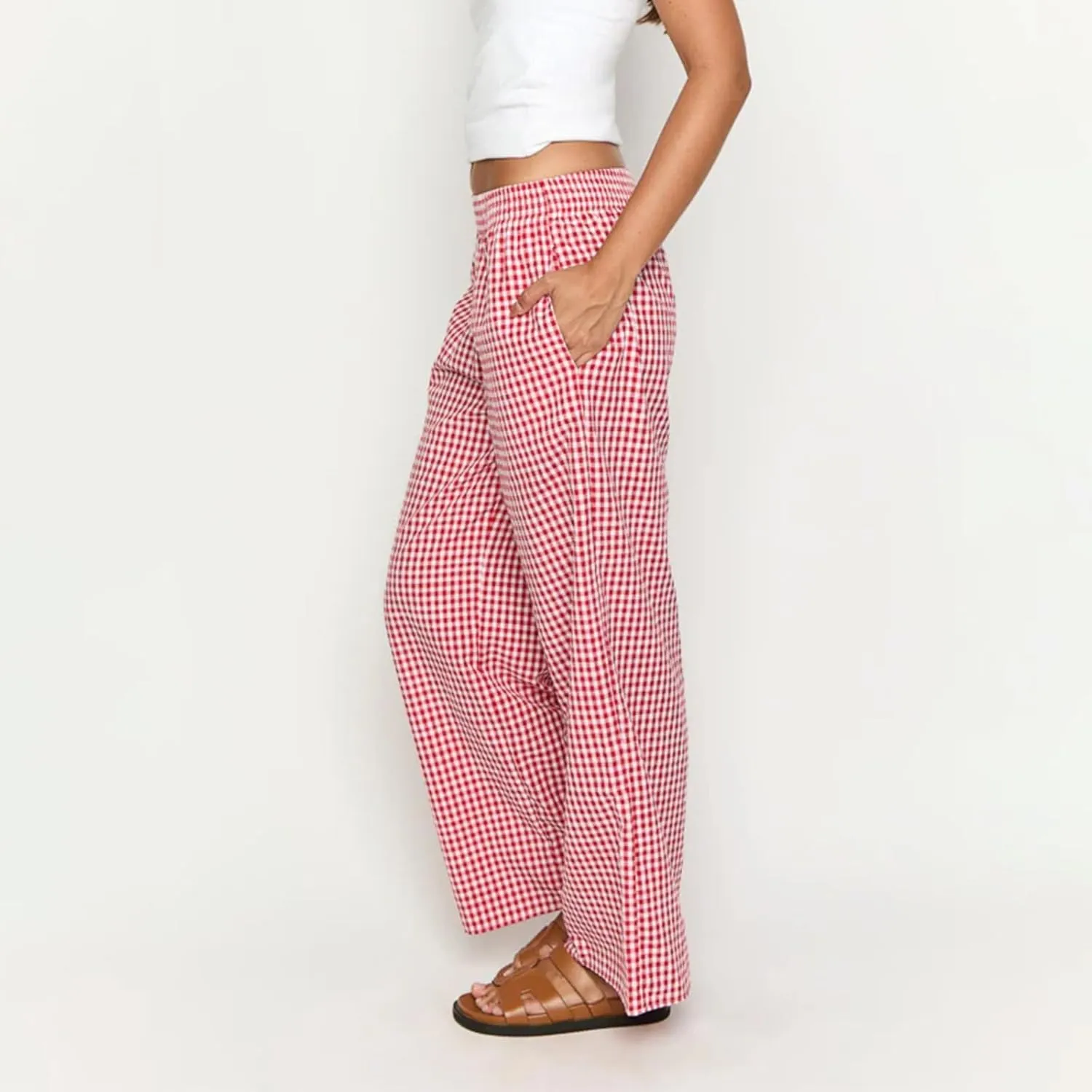 Women's Casual Striped Gingham Pants Summer Plaid High Waisted Trousers with Pockets Y2K Beach Wide Leg Pants