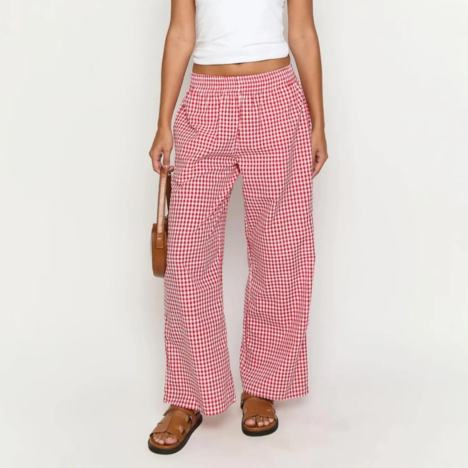 Women's Casual Striped Gingham Pants Summer Plaid High Waisted Trousers with Pockets Y2K Beach Wide Leg Pants