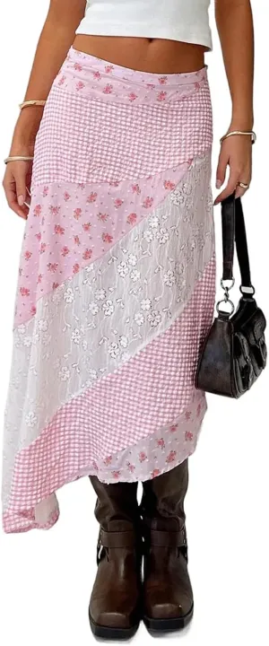 Women's Lace Long Skirts Mid Waist Solid Color Asymmetric Patchwork Midi Skirts Elegant Skirts