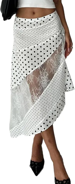 Women's Lace Long Skirts Mid Waist Solid Color Asymmetric Patchwork Midi Skirts Elegant Skirts