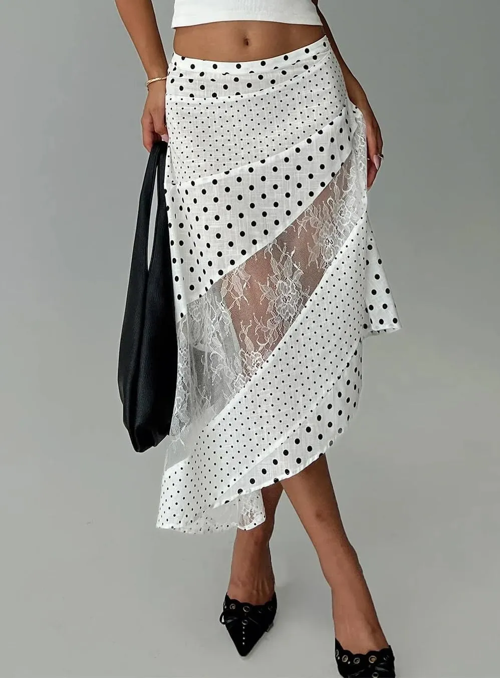 Women's Lace Long Skirts Mid Waist Solid Color Asymmetric Patchwork Midi Skirts Elegant Skirts