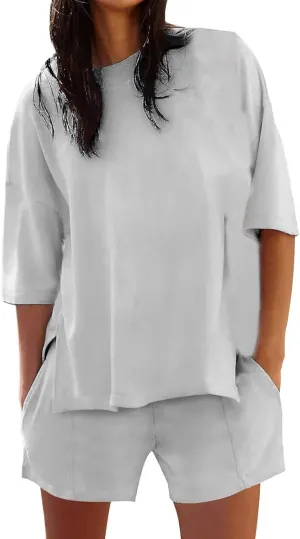 Womens Shorts Sets 2 Piece Outfits Summer 2025 Half Sleeve Crew Neck Cotton Lounge Sets Matching Clothing