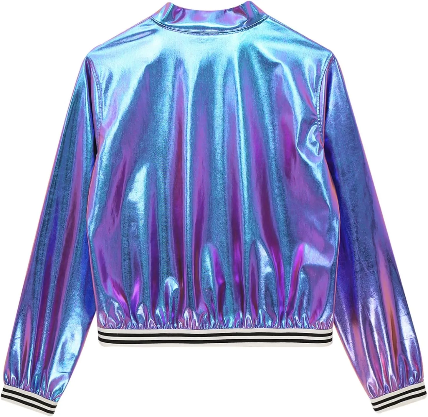 Women's Sparkly Holographic Jackets Front Zip Long Sleeve Elastic Striped Bands Cute Jackets