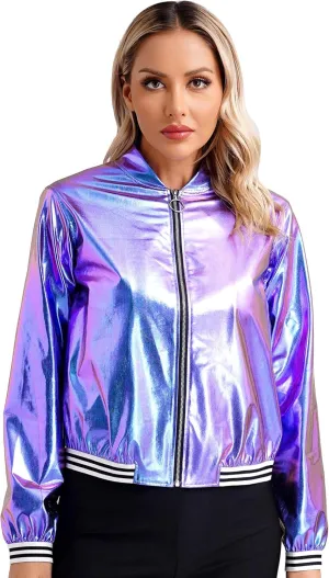Women's Sparkly Holographic Jackets Front Zip Long Sleeve Elastic Striped Bands Cute Jackets