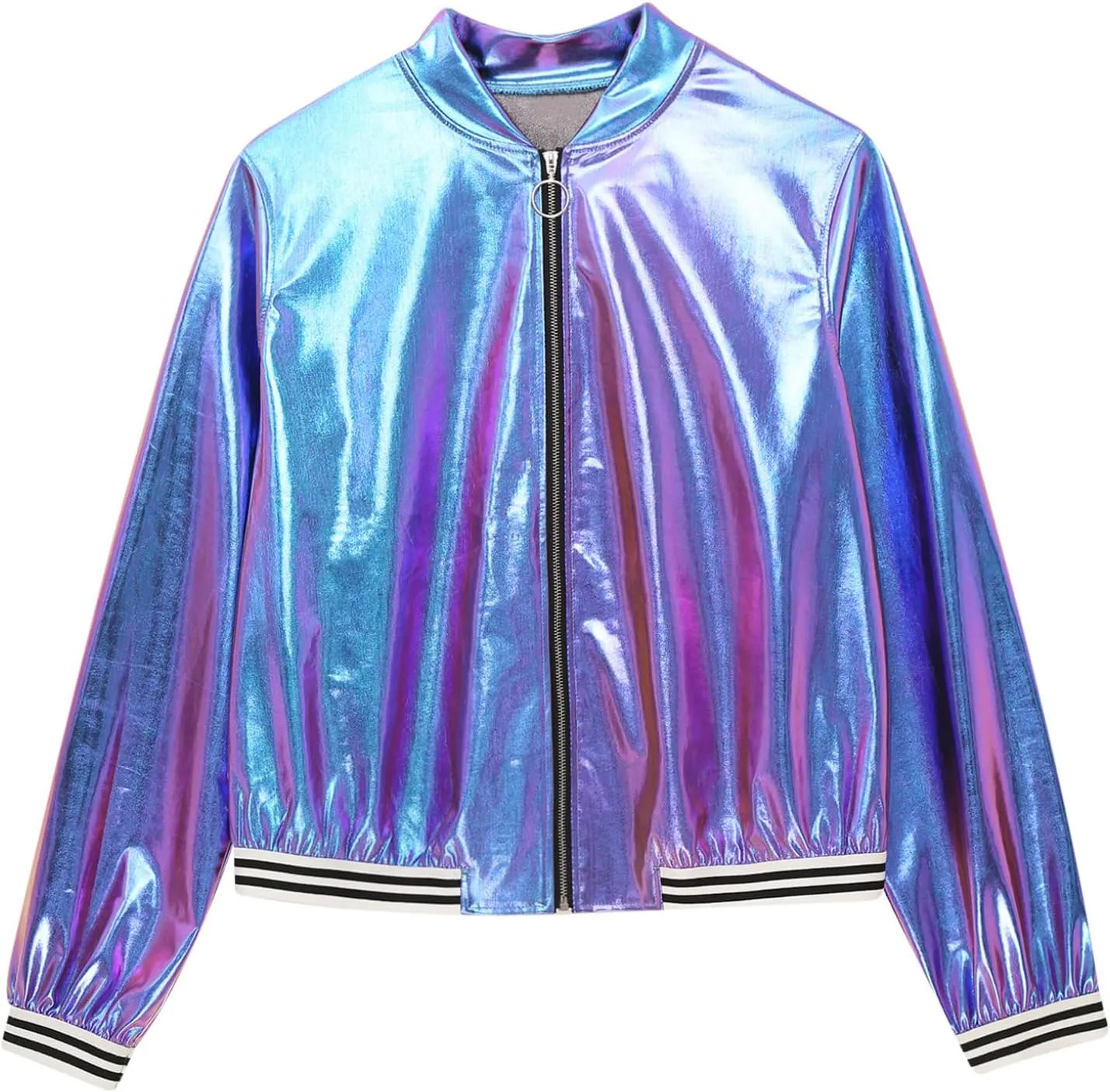 Women's Sparkly Holographic Jackets Front Zip Long Sleeve Elastic Striped Bands Cute Jackets