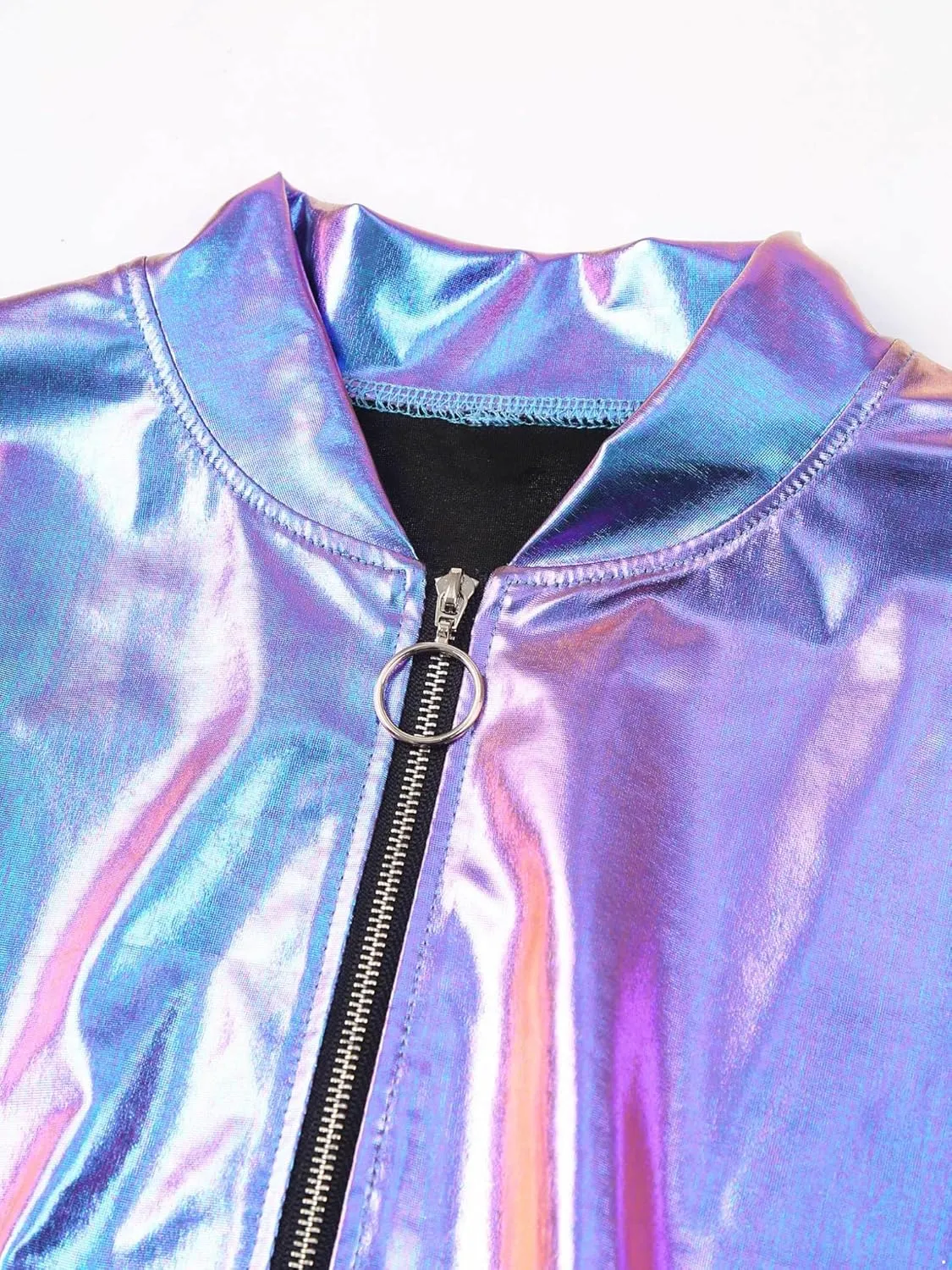 Women's Sparkly Holographic Jackets Front Zip Long Sleeve Elastic Striped Bands Cute Jackets