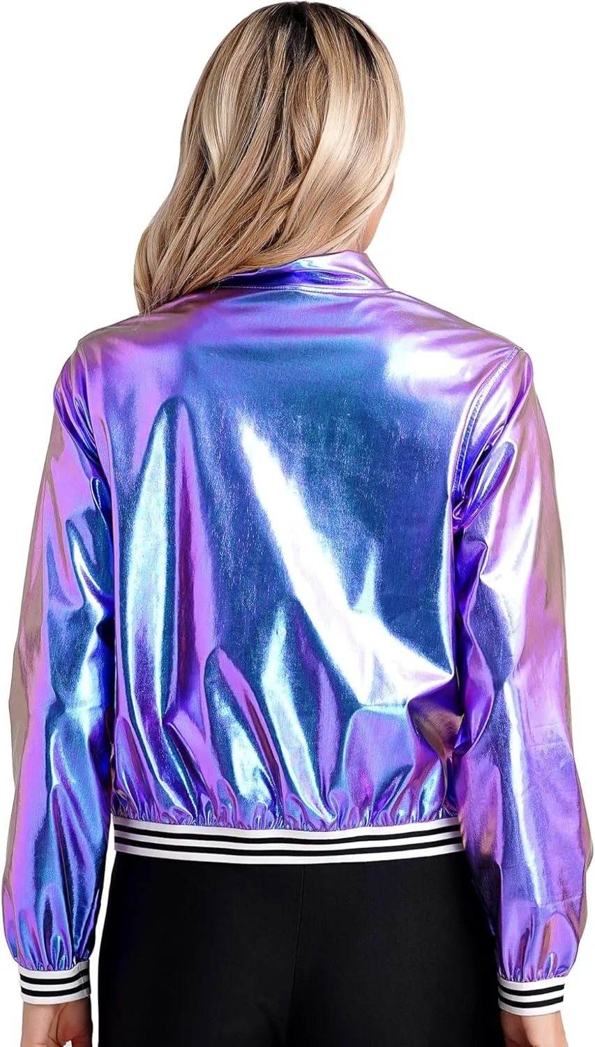 Women's Sparkly Holographic Jackets Front Zip Long Sleeve Elastic Striped Bands Cute Jackets
