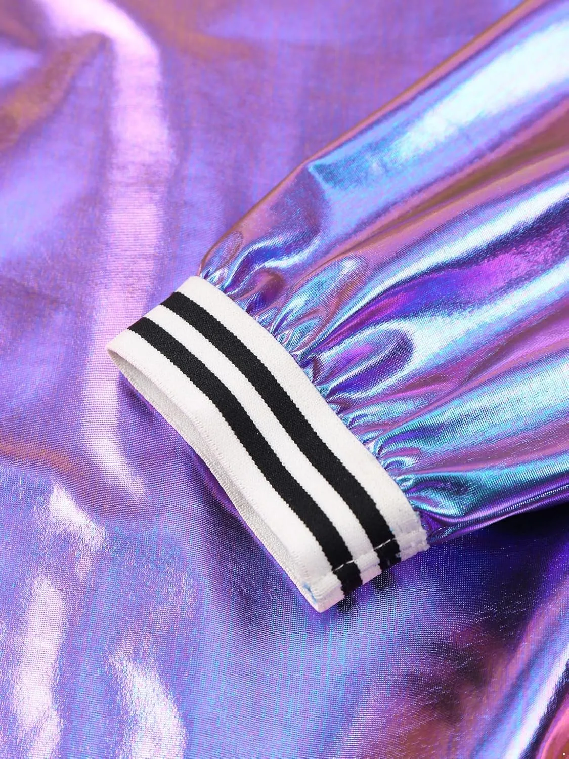 Women's Sparkly Holographic Jackets Front Zip Long Sleeve Elastic Striped Bands Cute Jackets
