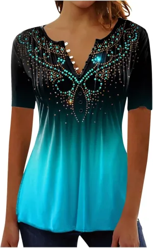 Womens Summer Tops 2025 Dressy Casual Short Sleeve Button V Neck T Shirts Trendy Cute Printed Tees Tunic Blouses