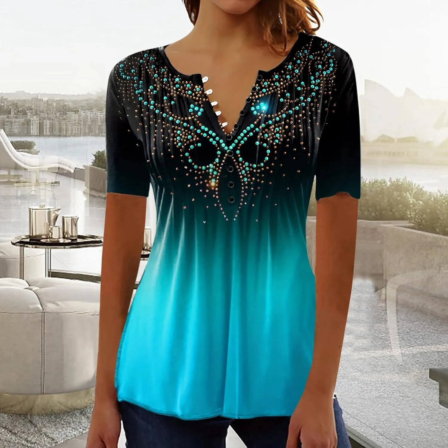 Womens Summer Tops 2025 Dressy Casual Short Sleeve Button V Neck T Shirts Trendy Cute Printed Tees Tunic Blouses
